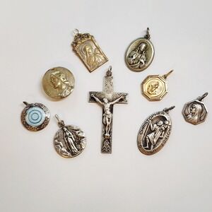 Vintage Lot of 9 Silver Tone Catholic Medals Pendants Crucifix